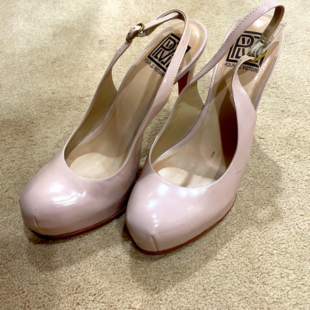 Blush pink patent leather platform heels. Heels are 5" H.